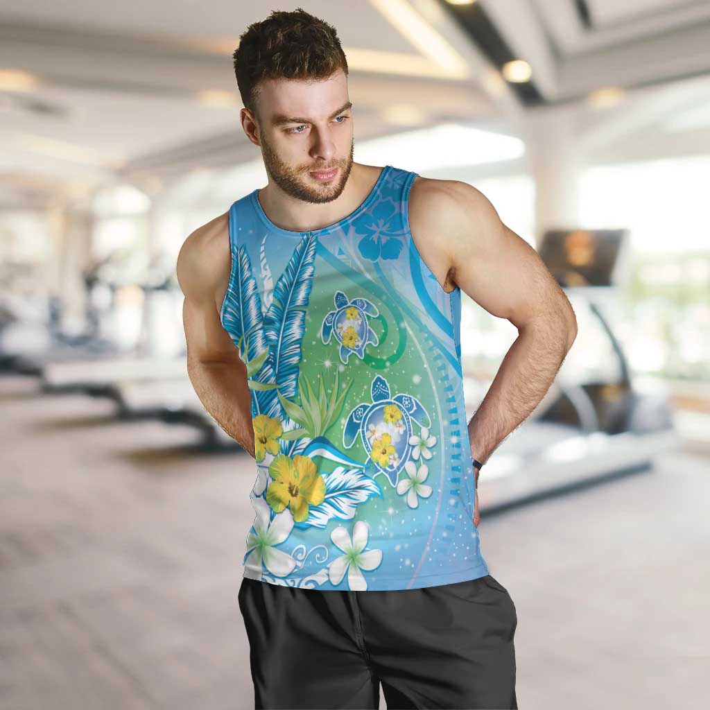 Hawaii Honu Men Tank Top Tropical Flowers Blue Gradient