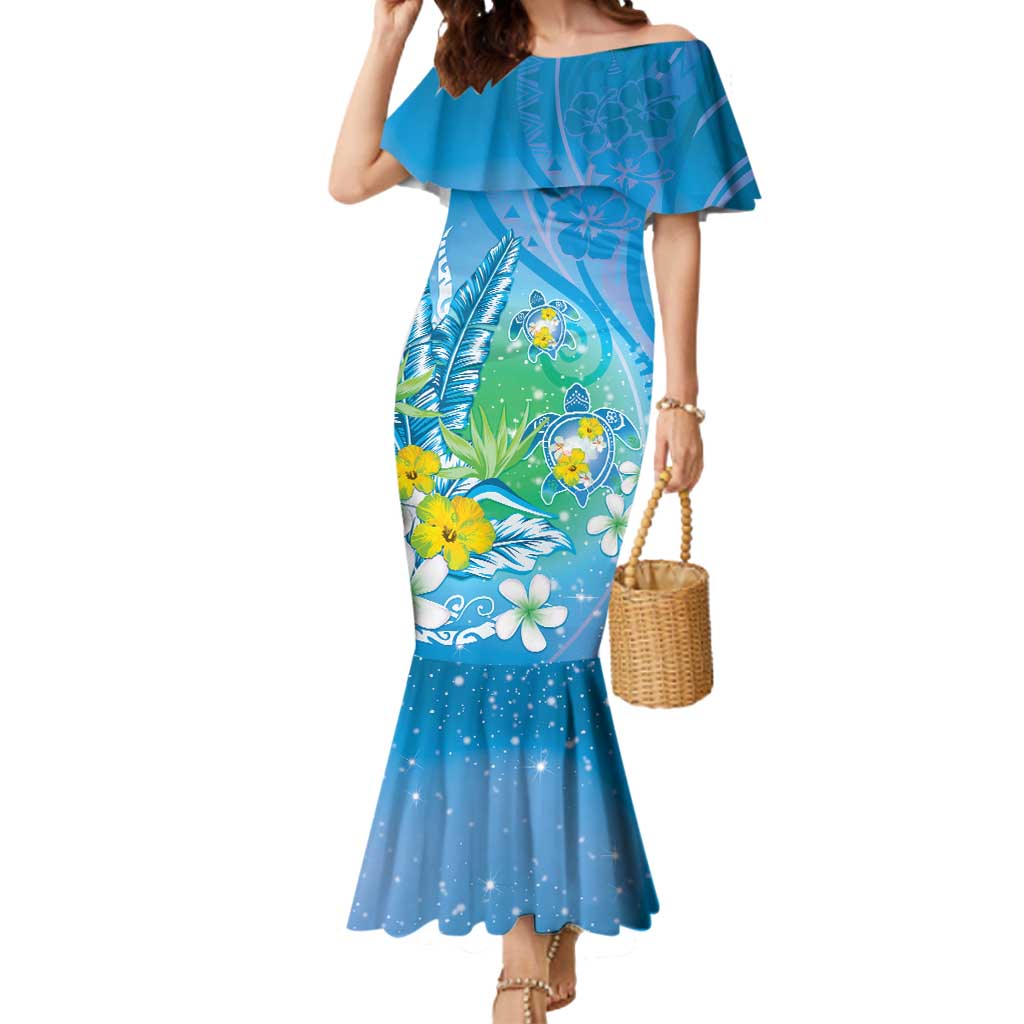 Hawaii Honu Mermaid Dress Tropical Flowers Blue Gradient