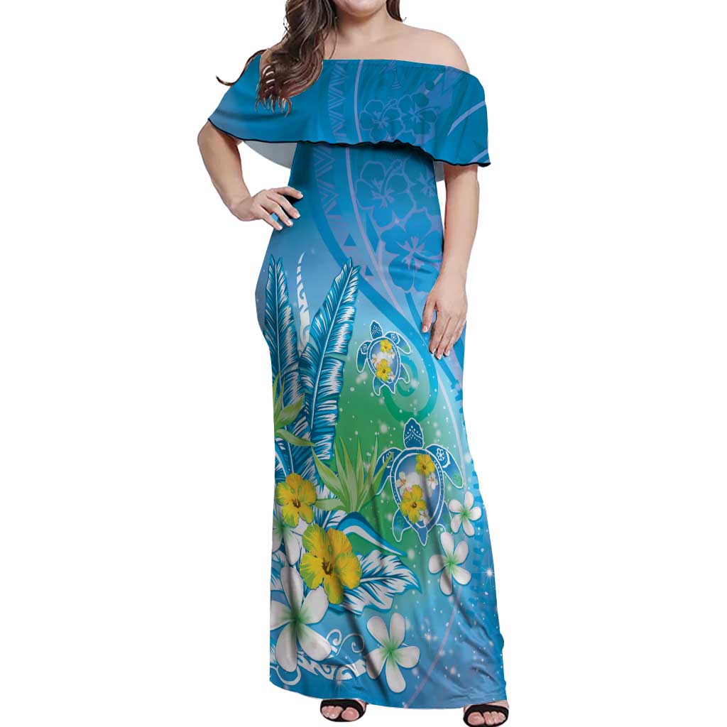 Hawaii Honu Off Shoulder Maxi Dress Tropical Flowers Blue Gradient