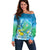 Hawaii Honu Off Shoulder Sweater Tropical Flowers Blue Gradient