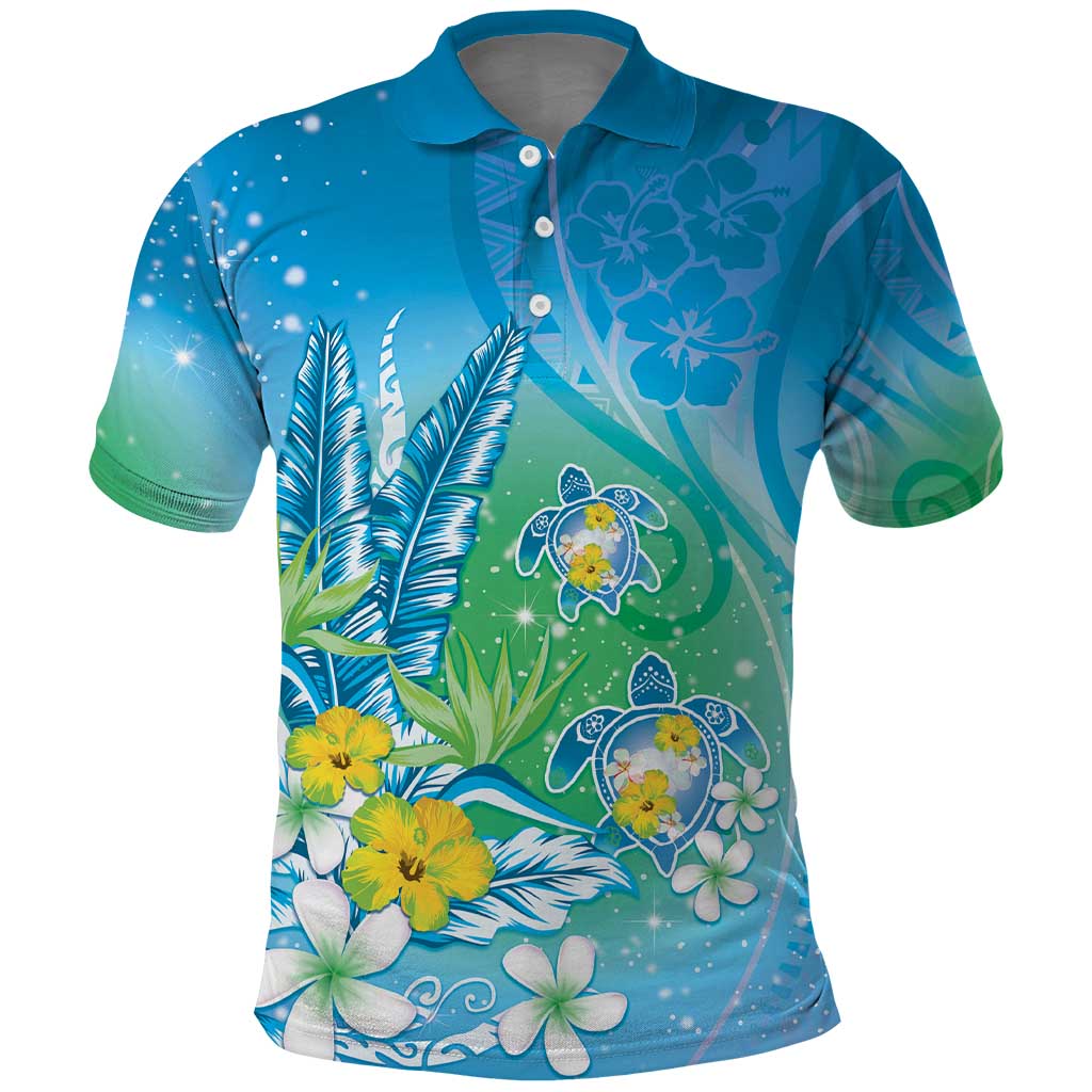 Hawaii Honu Polo Shirt Tropical Flowers Blue Gradient