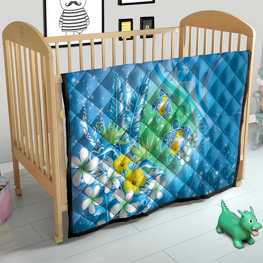 Hawaii Honu Quilt Tropical Flowers Blue Gradient