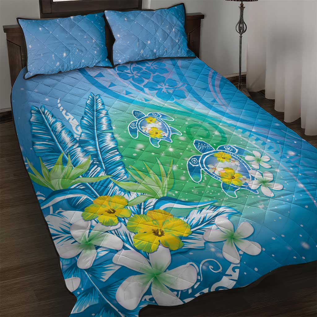 Hawaii Honu Quilt Bed Set Tropical Flowers Blue Gradient