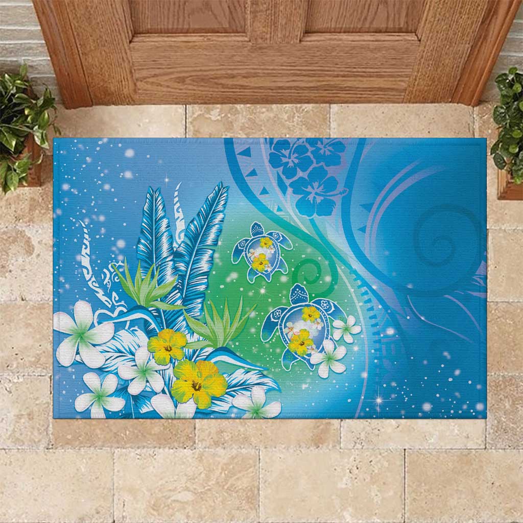 Hawaii Honu Rubber Doormat Tropical Flowers Blue Gradient