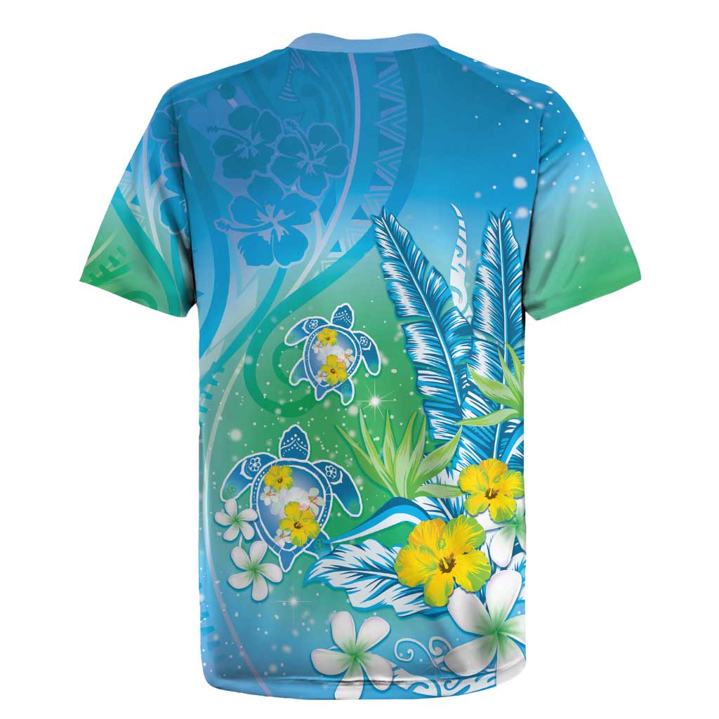 Hawaii Honu Rugby Jersey Tropical Flowers Blue Gradient