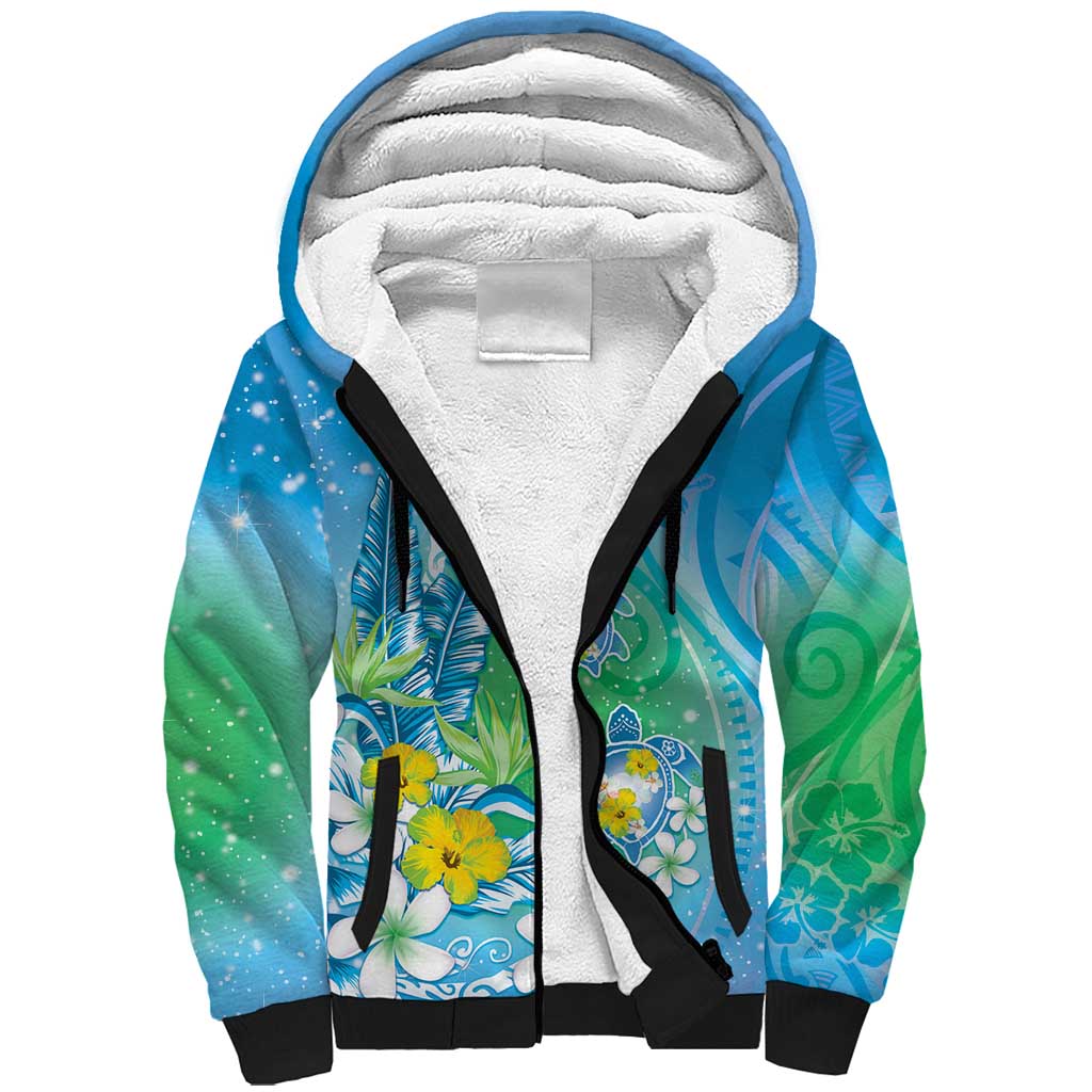 Hawaii Honu Sherpa Hoodie Tropical Flowers Blue Gradient