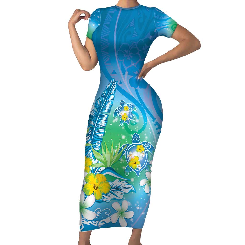 Hawaii Honu Short Sleeve Bodycon Dress Tropical Flowers Blue Gradient