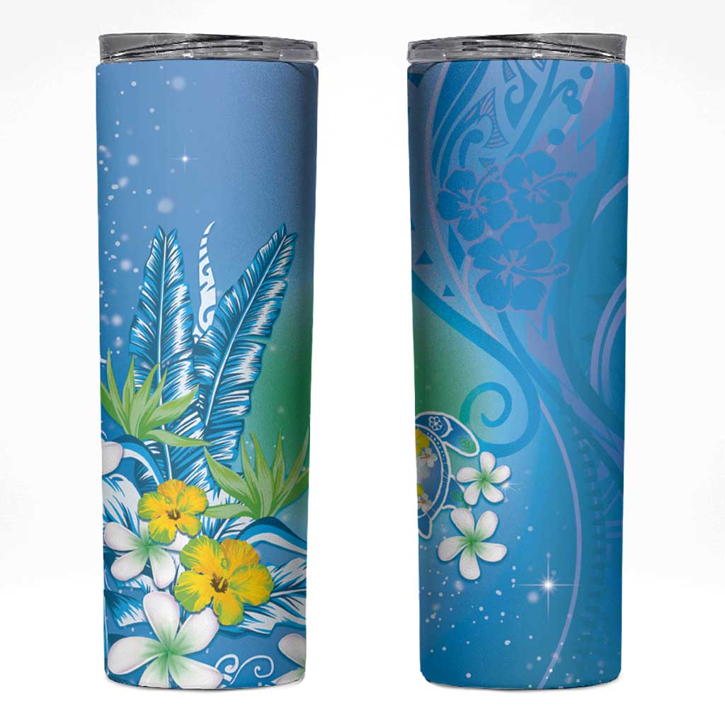 Hawaii Honu Skinny Tumbler Tropical Flowers Blue Gradient