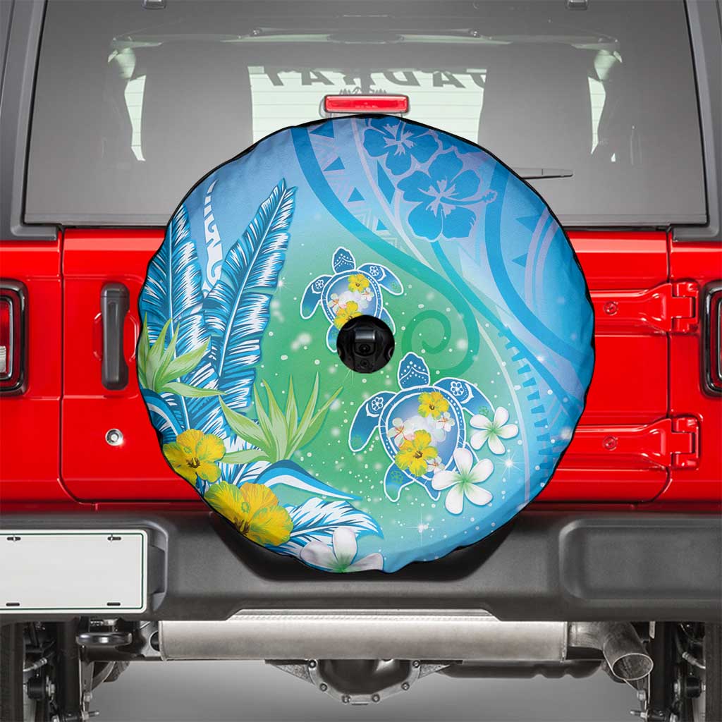 Hawaii Honu Spare Tire Cover Tropical Flowers Blue Gradient