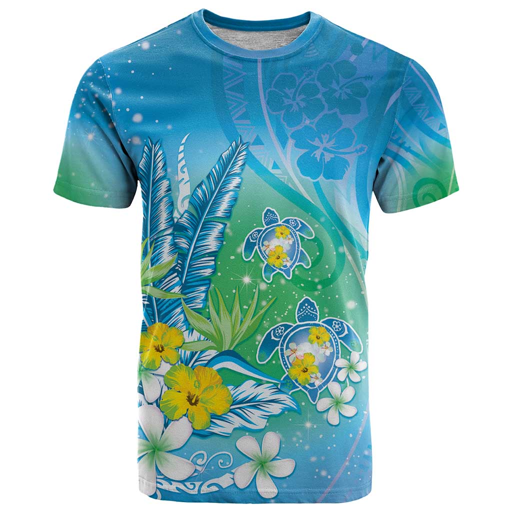 Hawaii Honu T Shirt Tropical Flowers Blue Gradient