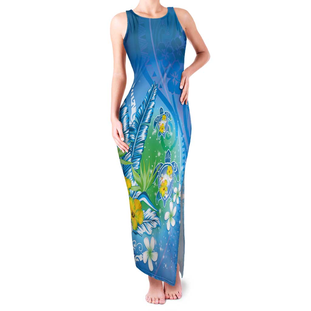 Hawaii Honu Tank Maxi Dress Tropical Flowers Blue Gradient