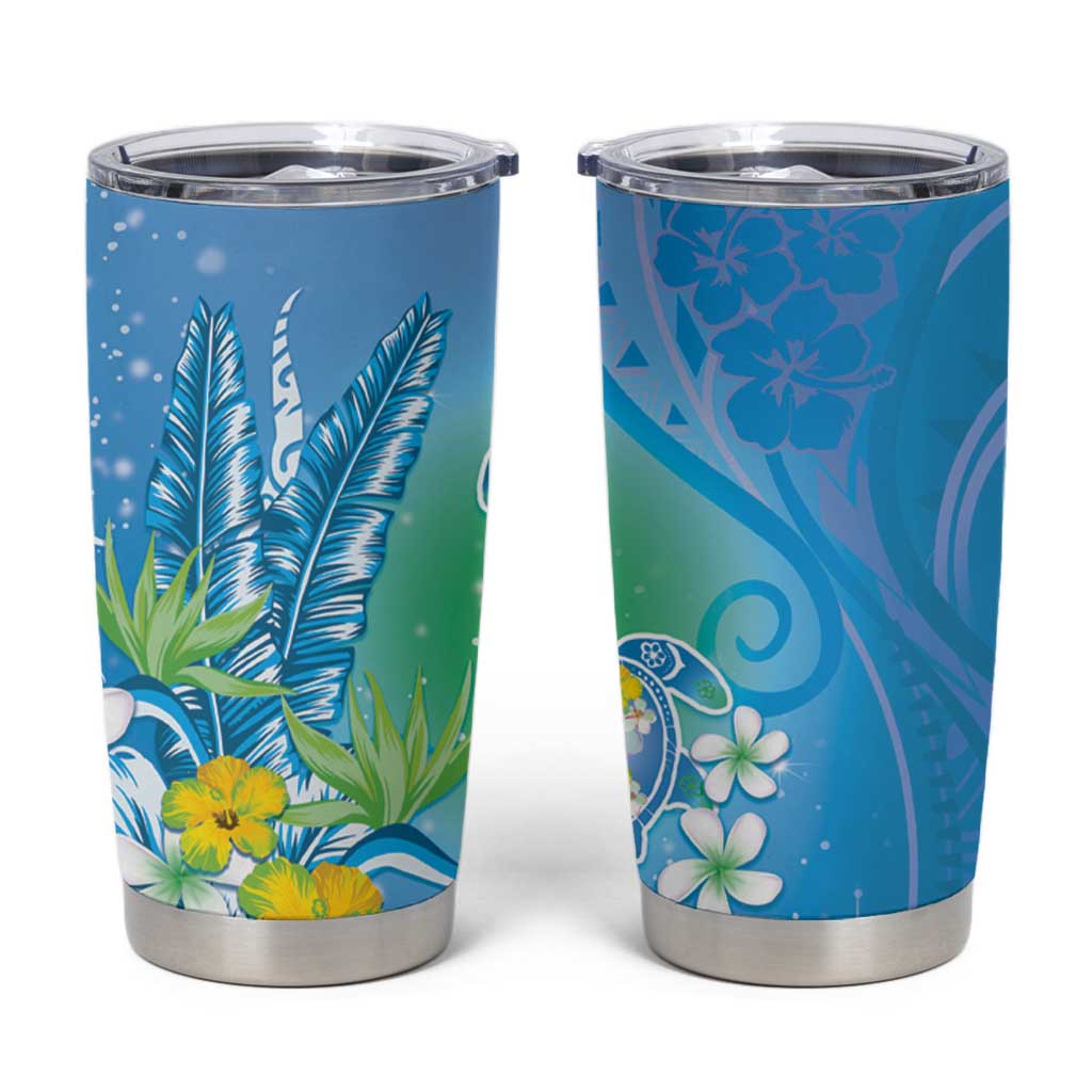 Hawaii Honu Tumbler Cup Tropical Flowers Blue Gradient