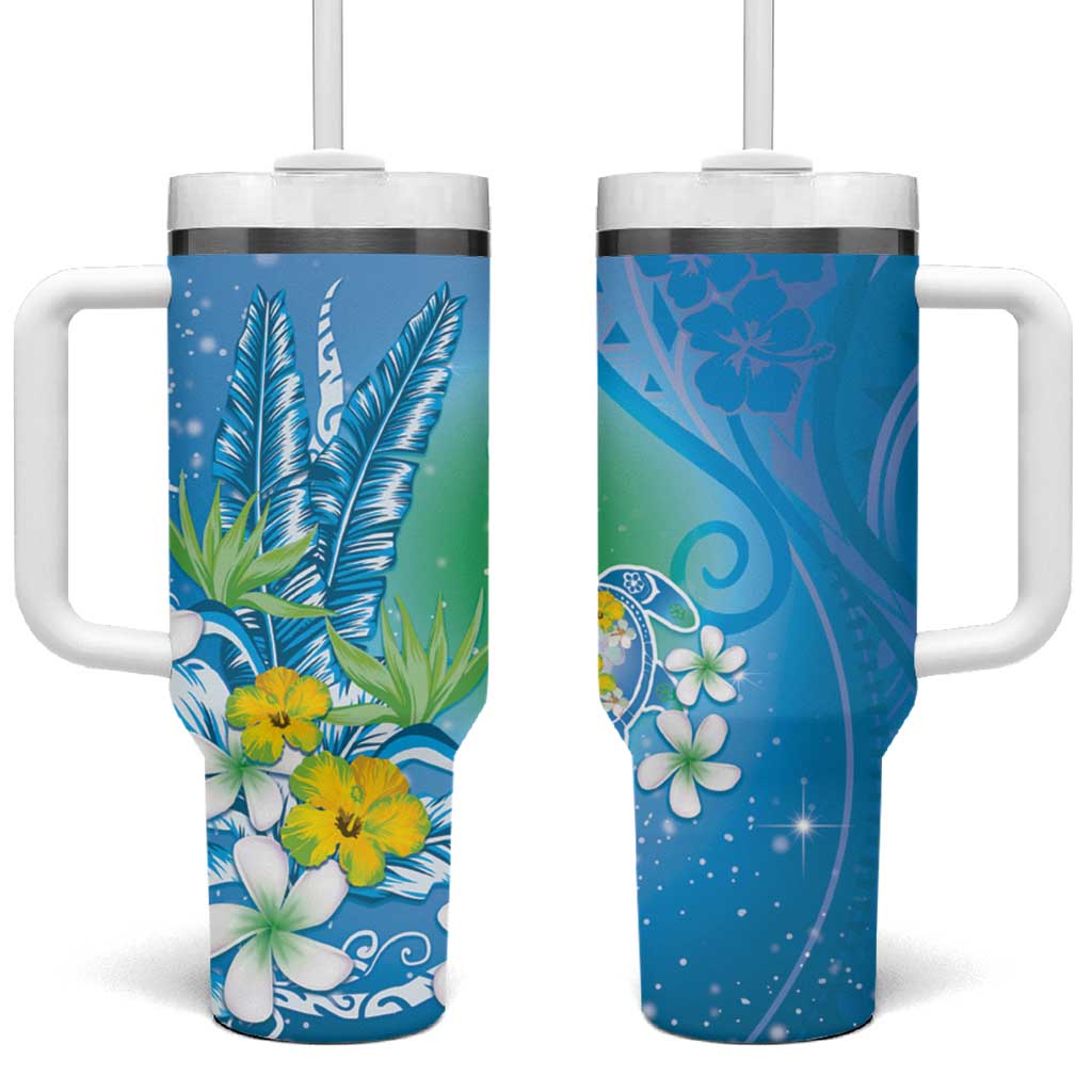 Hawaii Honu Tumbler With Handle Tropical Flowers Blue Gradient