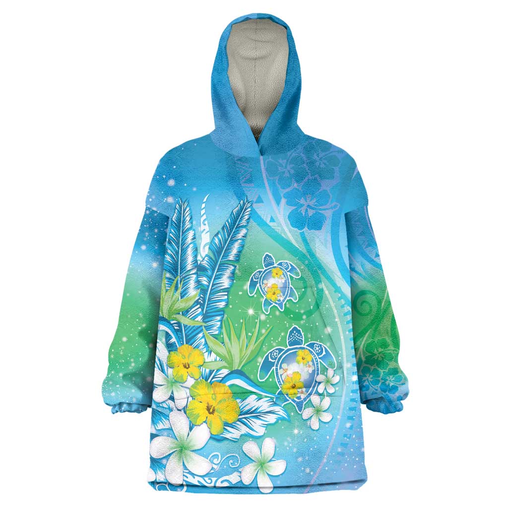 Hawaii Honu Wearable Blanket Hoodie Tropical Flowers Blue Gradient