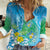 Hawaii Honu Women Casual Shirt Tropical Flowers Blue Gradient