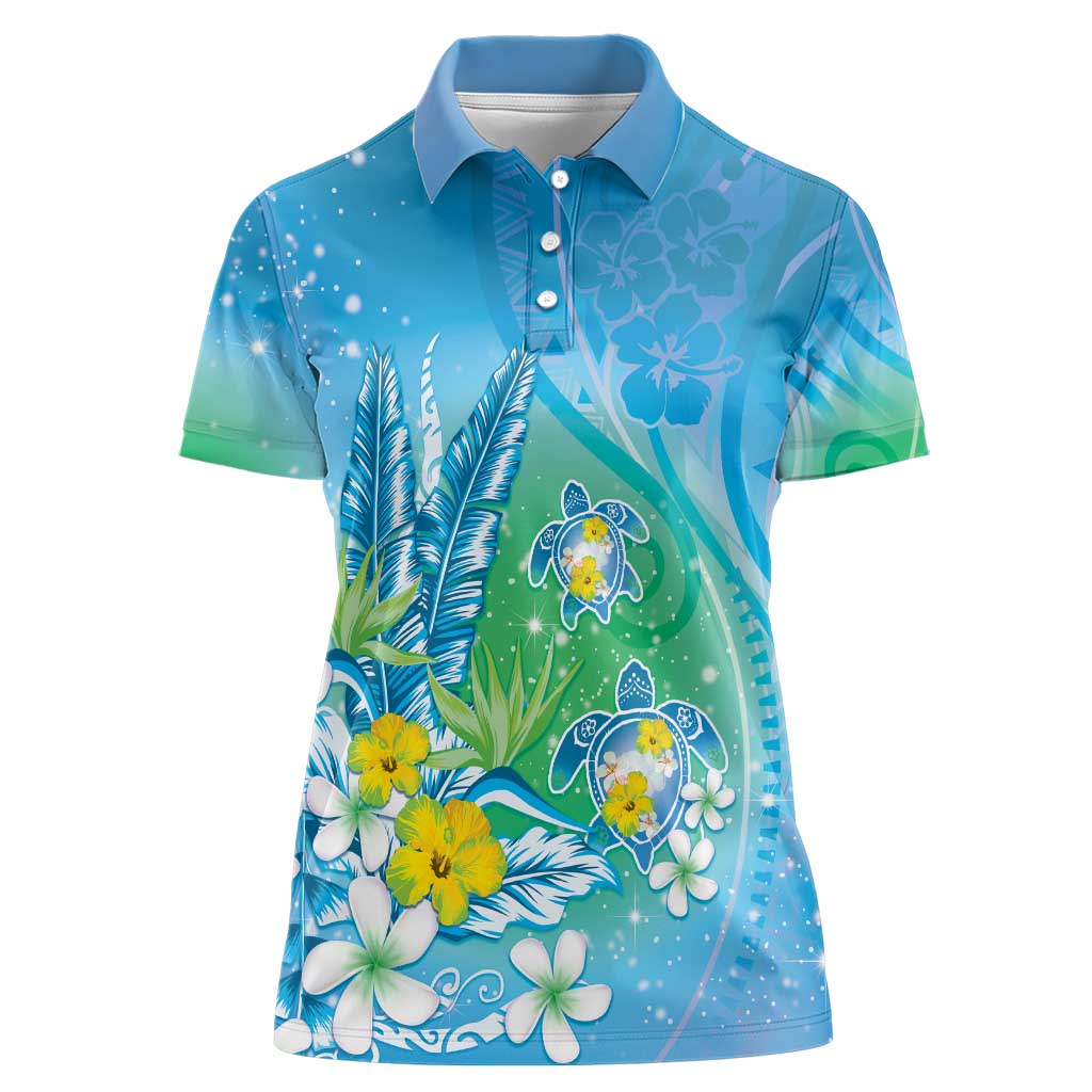 Hawaii Honu Women Polo Shirt Tropical Flowers Blue Gradient