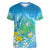 Hawaii Honu Women V-Neck T-Shirt Tropical Flowers Blue Gradient