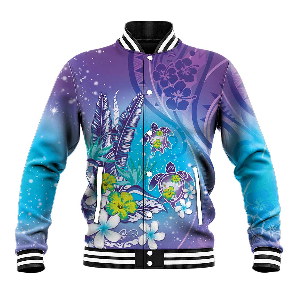 Hawaii Honu Baseball Jacket Tropical Flowers Purple Gradient