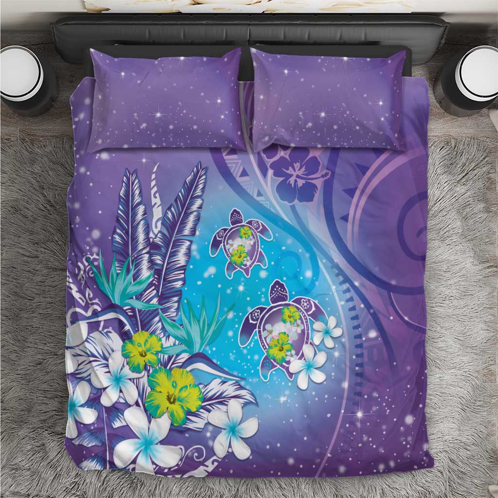 Hawaii Honu Bedding Set Tropical Flowers Purple Gradient