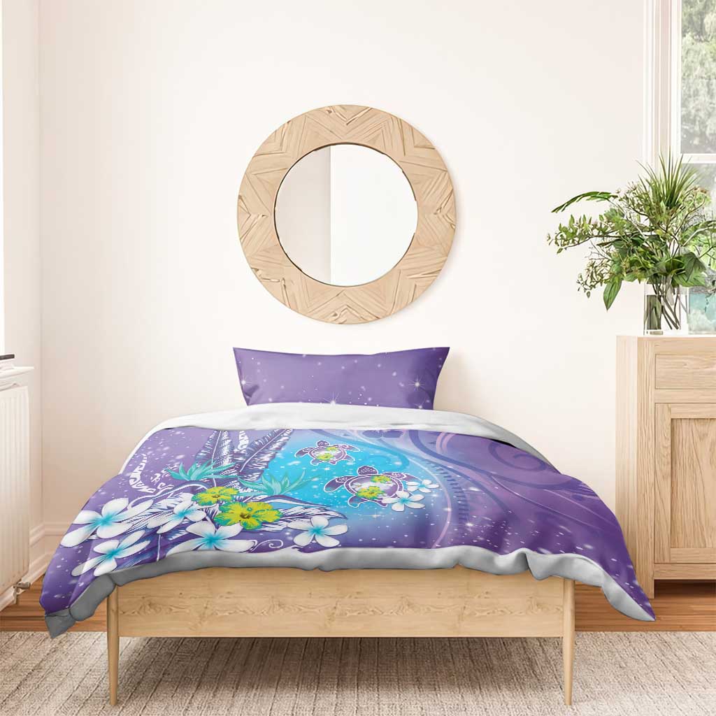 Hawaii Honu Bedding Set Tropical Flowers Purple Gradient