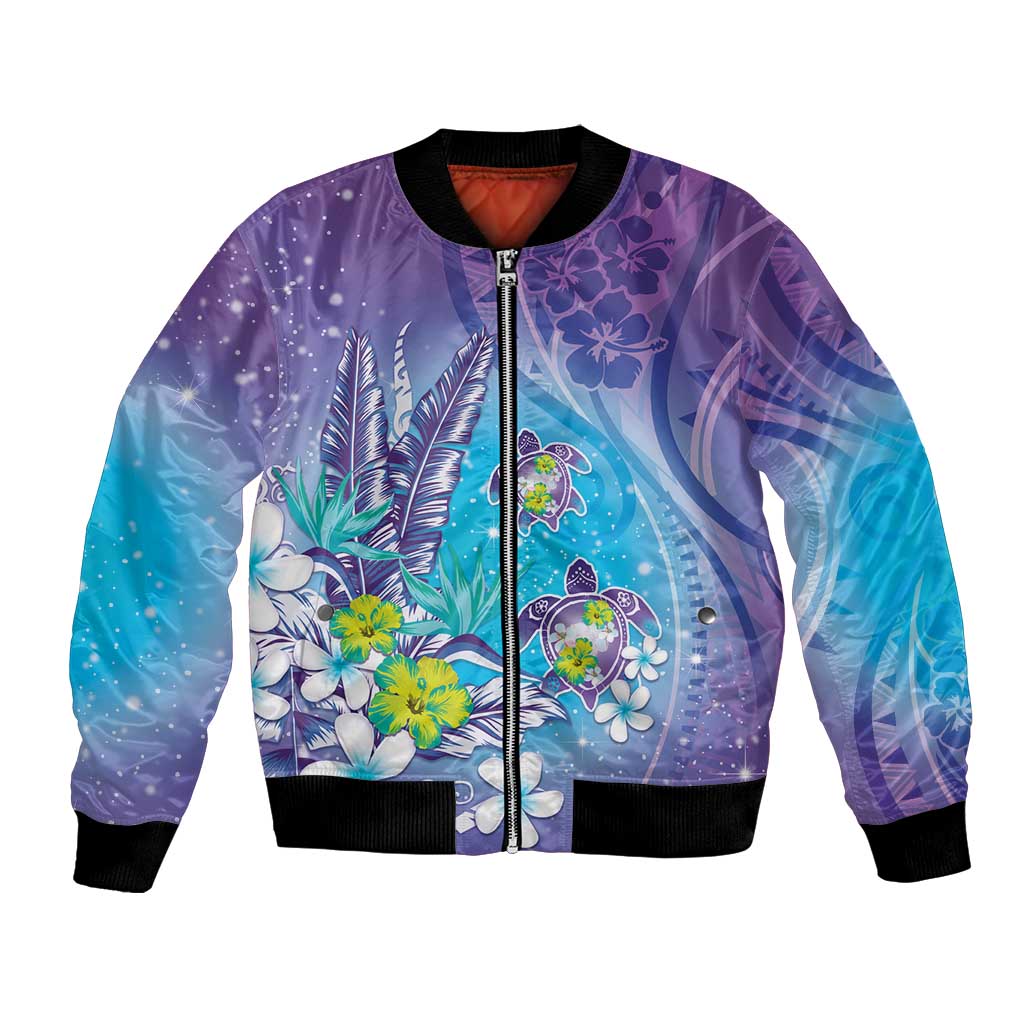 Hawaii Honu Bomber Jacket Tropical Flowers Purple Gradient