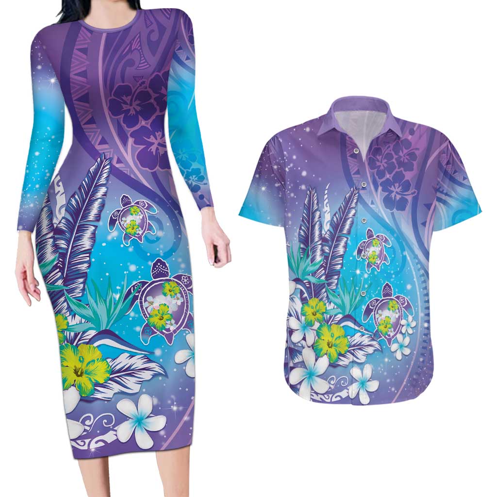 Hawaii Honu Couples Matching Long Sleeve Bodycon Dress and Hawaiian Shirt Tropical Flowers Purple Gradient