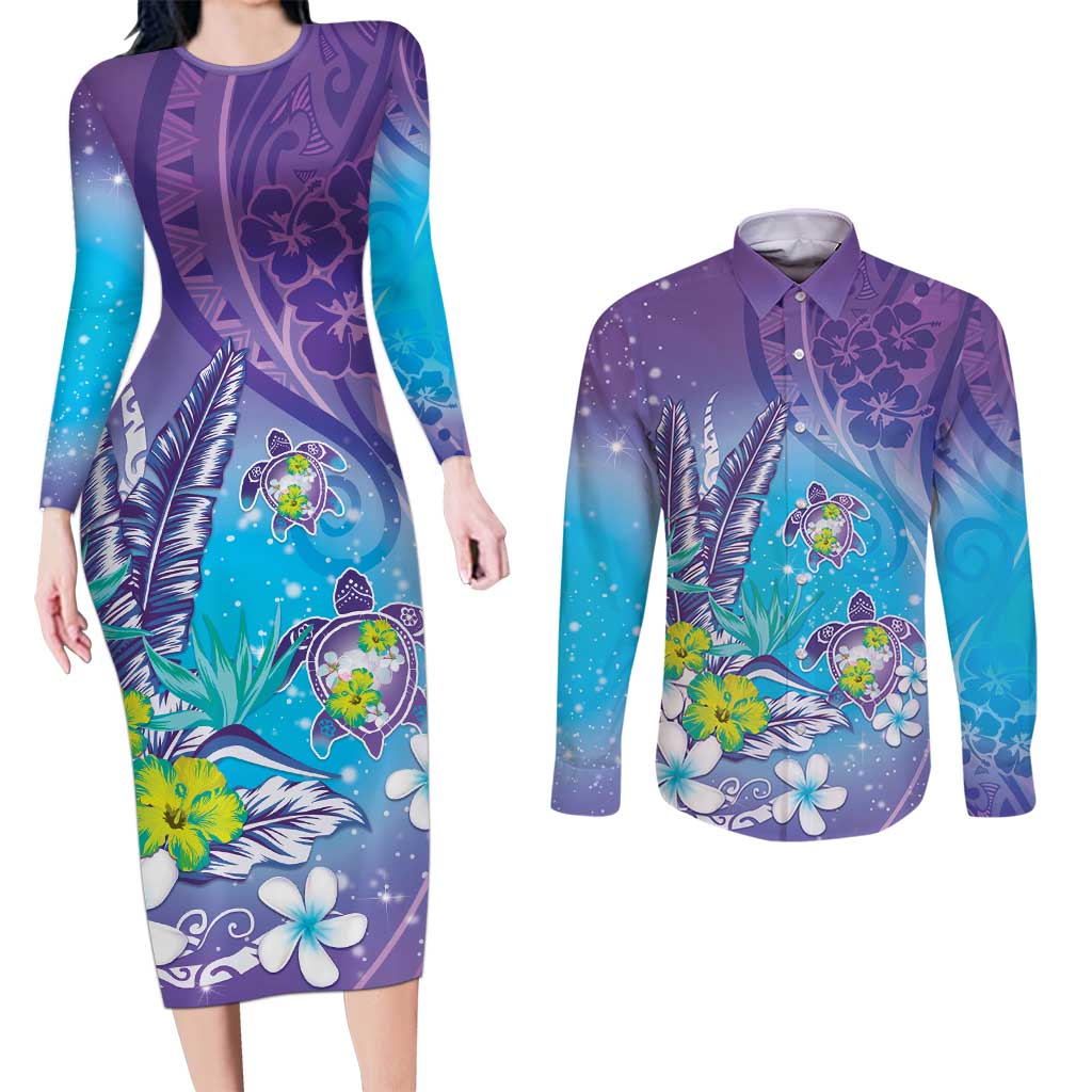 Hawaii Honu Couples Matching Long Sleeve Bodycon Dress and Long Sleeve Button Shirt Tropical Flowers Purple Gradient