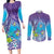 Hawaii Honu Couples Matching Long Sleeve Bodycon Dress and Long Sleeve Button Shirt Tropical Flowers Purple Gradient