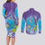 Hawaii Honu Couples Matching Long Sleeve Bodycon Dress and Long Sleeve Button Shirt Tropical Flowers Purple Gradient