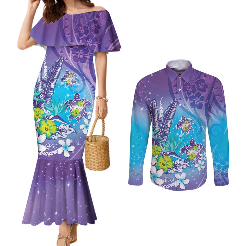 Hawaii Honu Couples Matching Mermaid Dress and Long Sleeve Button Shirt Tropical Flowers Purple Gradient