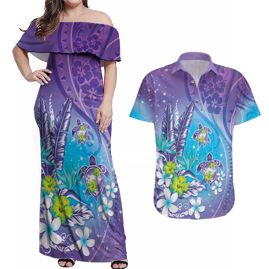 Hawaii Honu Couples Matching Off Shoulder Maxi Dress and Hawaiian Shirt Tropical Flowers Purple Gradient