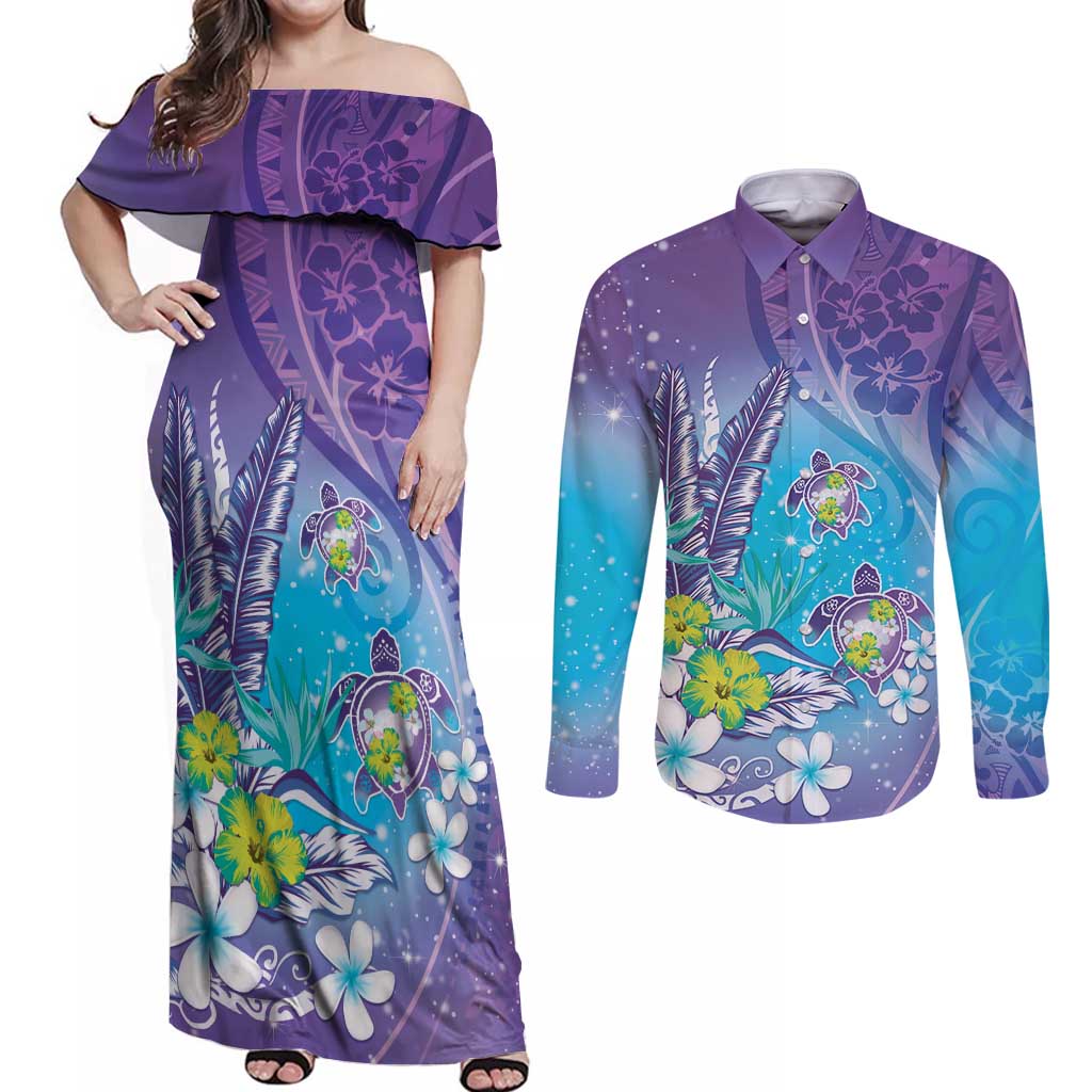 Hawaii Honu Couples Matching Off Shoulder Maxi Dress and Long Sleeve Button Shirt Tropical Flowers Purple Gradient