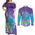 Hawaii Honu Couples Matching Off Shoulder Maxi Dress and Long Sleeve Button Shirt Tropical Flowers Purple Gradient