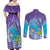 Hawaii Honu Couples Matching Off Shoulder Maxi Dress and Long Sleeve Button Shirt Tropical Flowers Purple Gradient