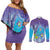 Hawaii Honu Couples Matching Off Shoulder Short Dress and Long Sleeve Button Shirt Tropical Flowers Purple Gradient