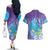 Hawaii Honu Couples Matching Off The Shoulder Long Sleeve Dress and Hawaiian Shirt Tropical Flowers Purple Gradient