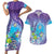 Hawaii Honu Couples Matching Short Sleeve Bodycon Dress and Hawaiian Shirt Tropical Flowers Purple Gradient