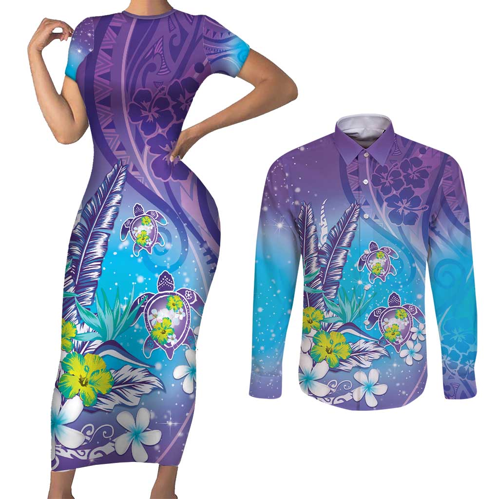 Hawaii Honu Couples Matching Short Sleeve Bodycon Dress and Long Sleeve Button Shirt Tropical Flowers Purple Gradient