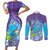 Hawaii Honu Couples Matching Short Sleeve Bodycon Dress and Long Sleeve Button Shirt Tropical Flowers Purple Gradient