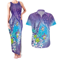 Hawaii Honu Couples Matching Tank Maxi Dress and Hawaiian Shirt Tropical Flowers Purple Gradient