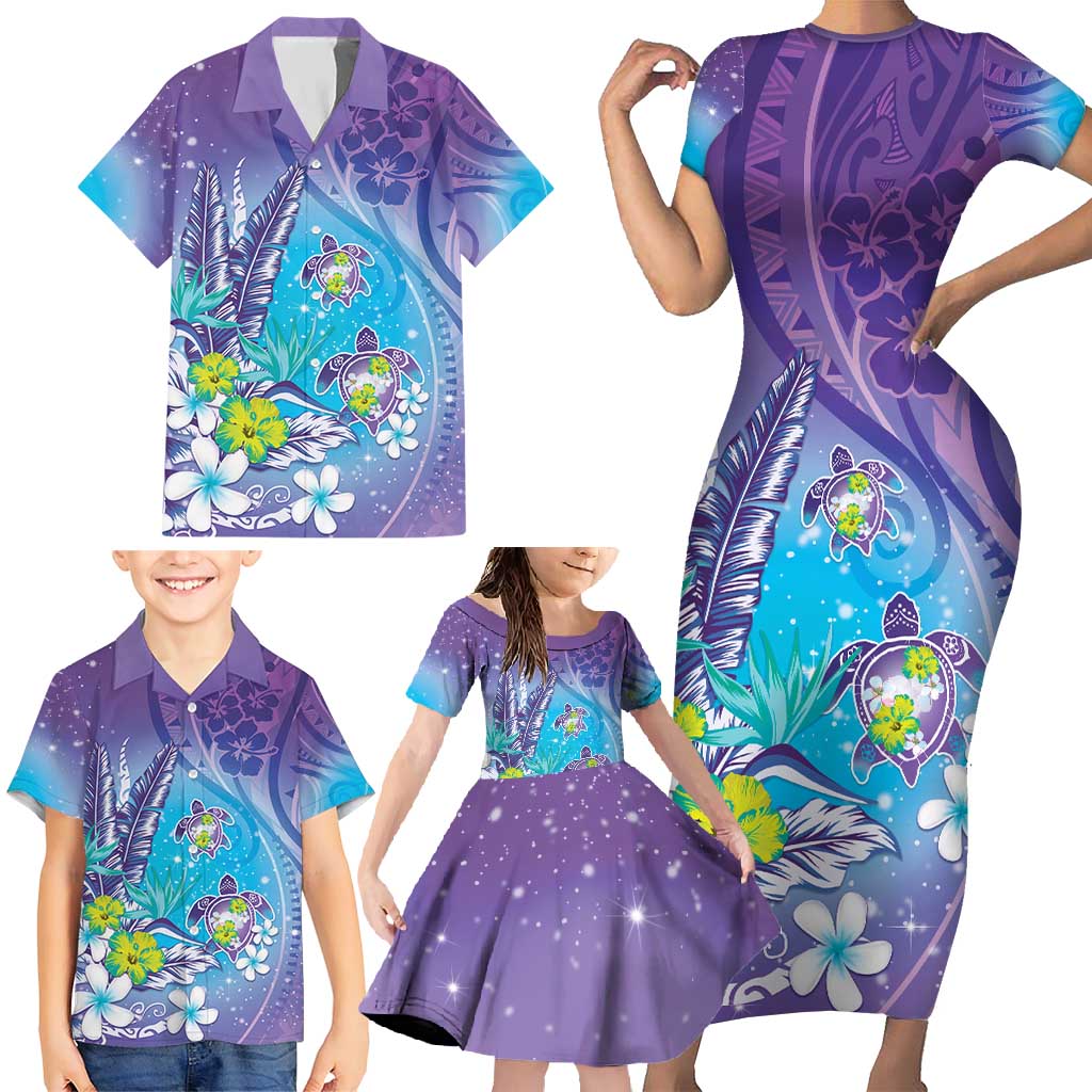 Hawaii Honu Family Matching Short Sleeve Bodycon Dress and Hawaiian Shirt Tropical Flowers Purple Gradient