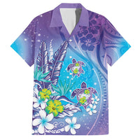 Hawaii Honu Family Matching Short Sleeve Bodycon Dress and Hawaiian Shirt Tropical Flowers Purple Gradient