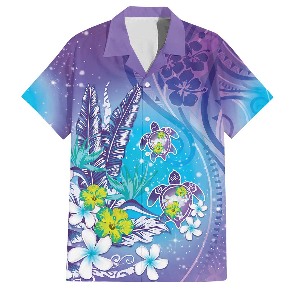 Hawaii Honu Family Matching Tank Maxi Dress and Hawaiian Shirt Tropical Flowers Purple Gradient