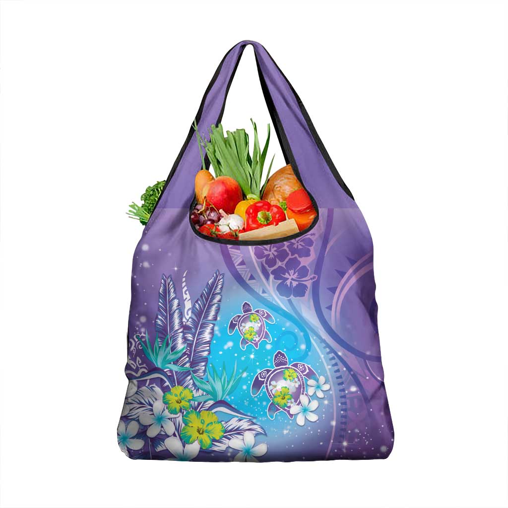 Hawaii Honu Grocery Bag Tropical Flowers Purple Gradient