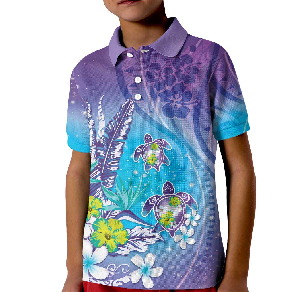 Hawaii Honu Kid Polo Shirt Tropical Flowers Purple Gradient