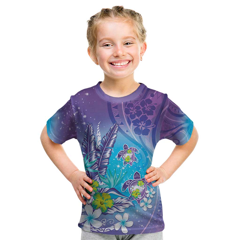 Hawaii Honu Kid T Shirt Tropical Flowers Purple Gradient