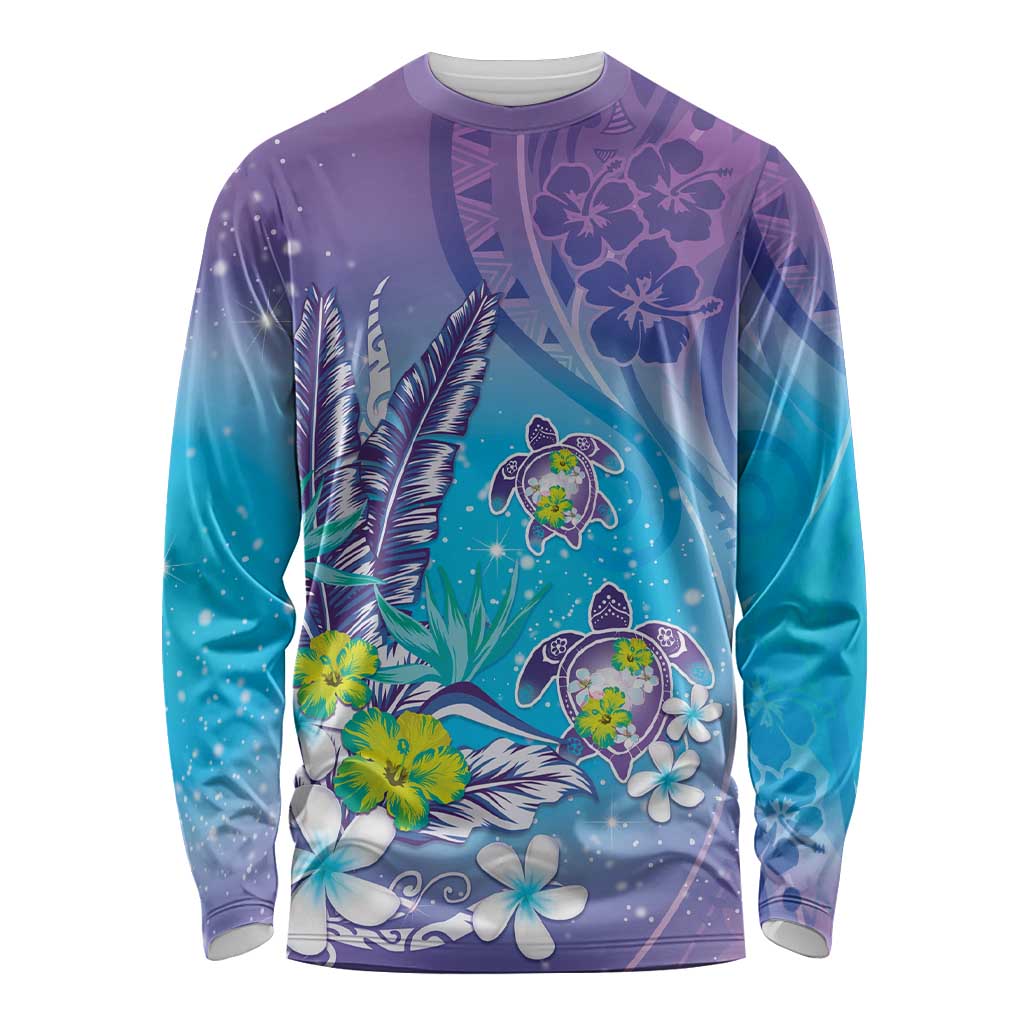 Hawaii Honu Long Sleeve Shirt Tropical Flowers Purple Gradient