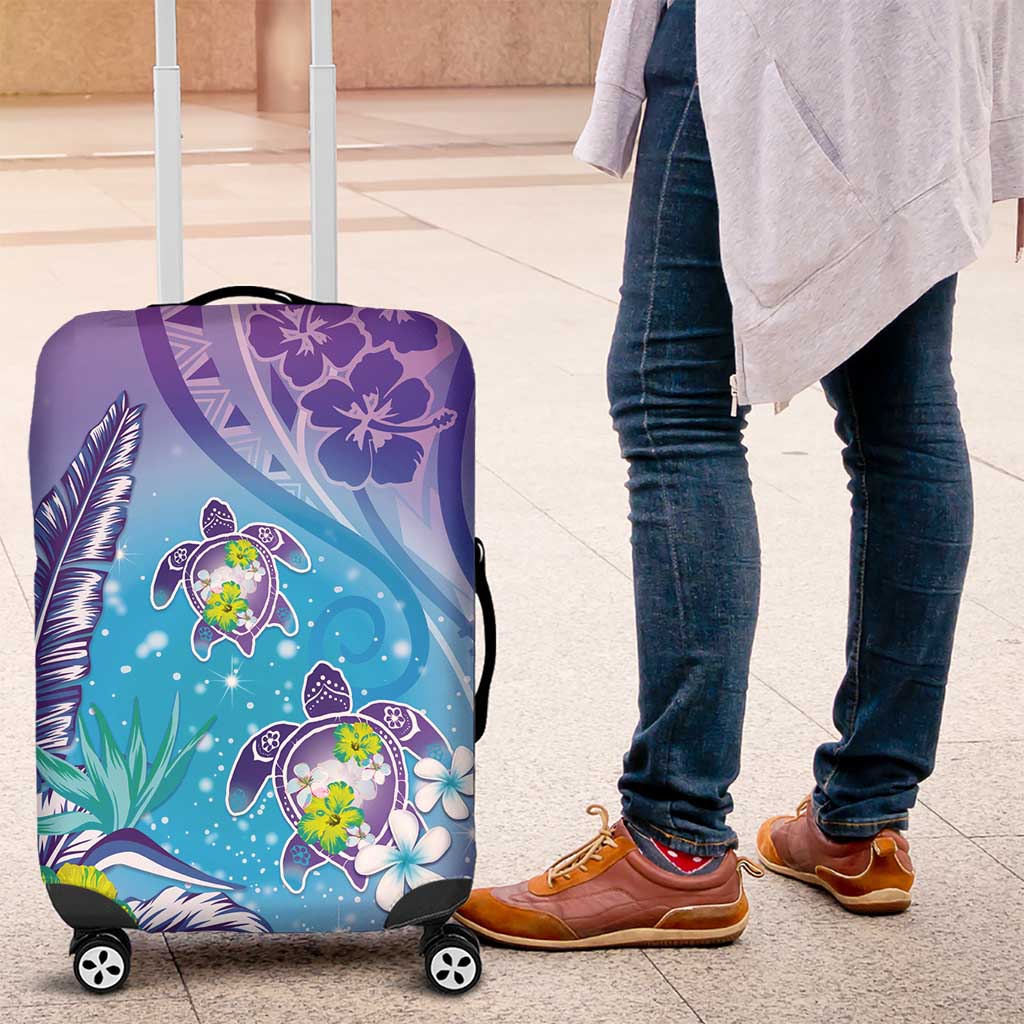 Hawaii Honu Luggage Cover Tropical Flowers Purple Gradient