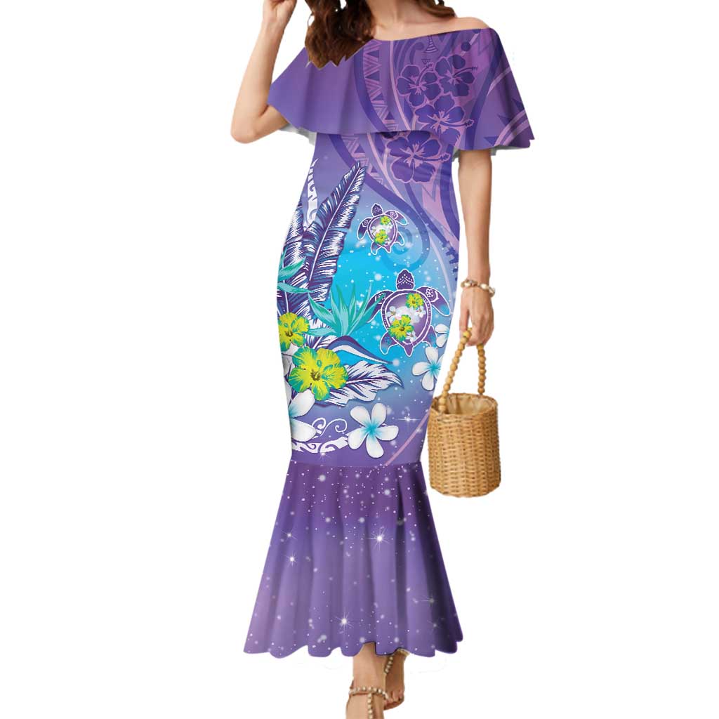 Hawaii Honu Mermaid Dress Tropical Flowers Purple Gradient