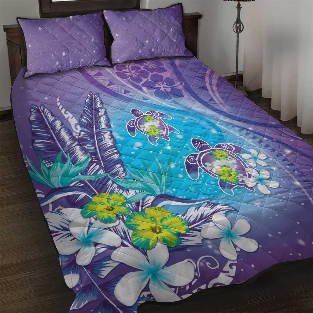 Hawaii Honu Quilt Bed Set Tropical Flowers Purple Gradient